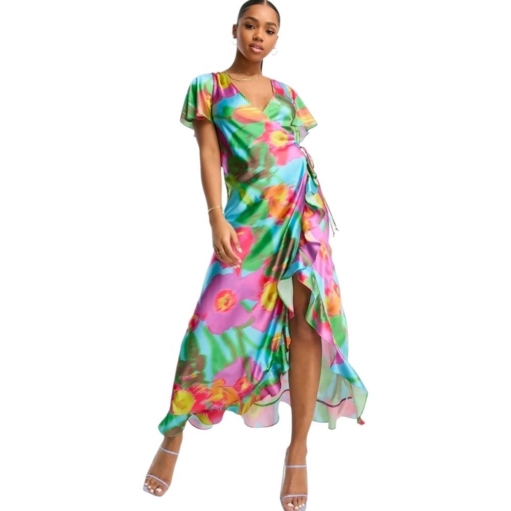 ASOS Design Floral Print Ruffle Wrap Satin Dress, Size 6